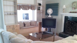 A living room with a sofa, a television on a stand, a fireplace, and a window with curtains. - Heaven Can't Wait, On Beautiful Kinderhook Lake!! (Valatie)