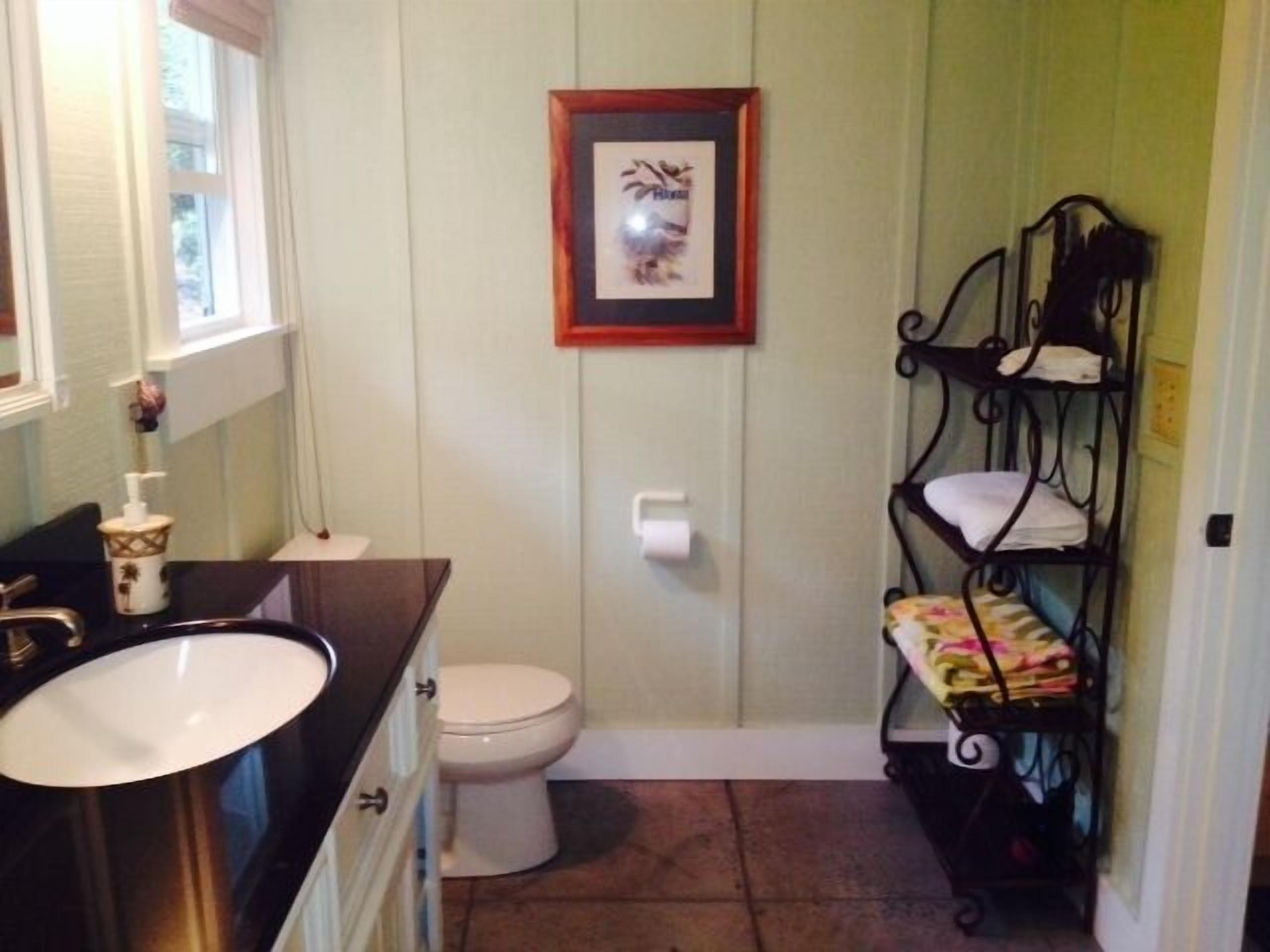 Combined shower/tub, hair dryer, towels, soap