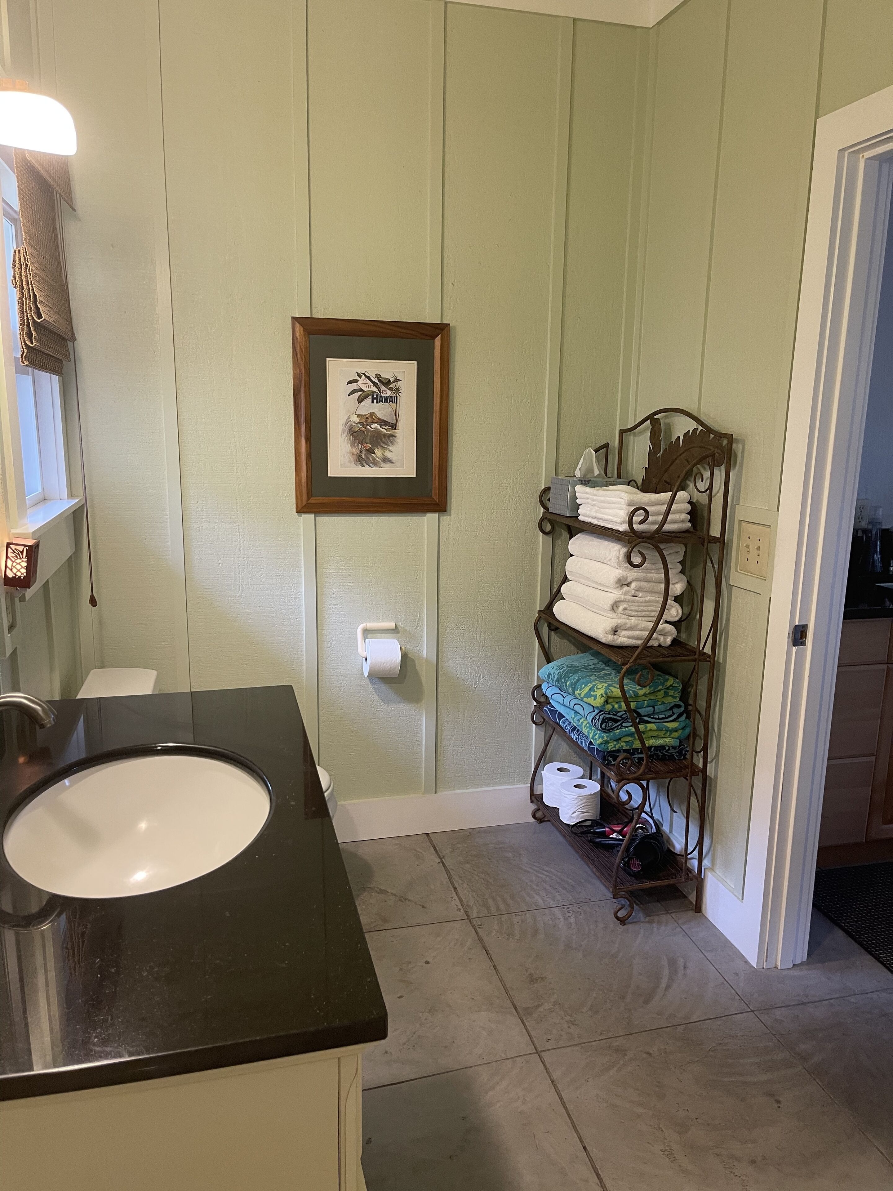 Combined shower/tub, hair dryer, towels, soap