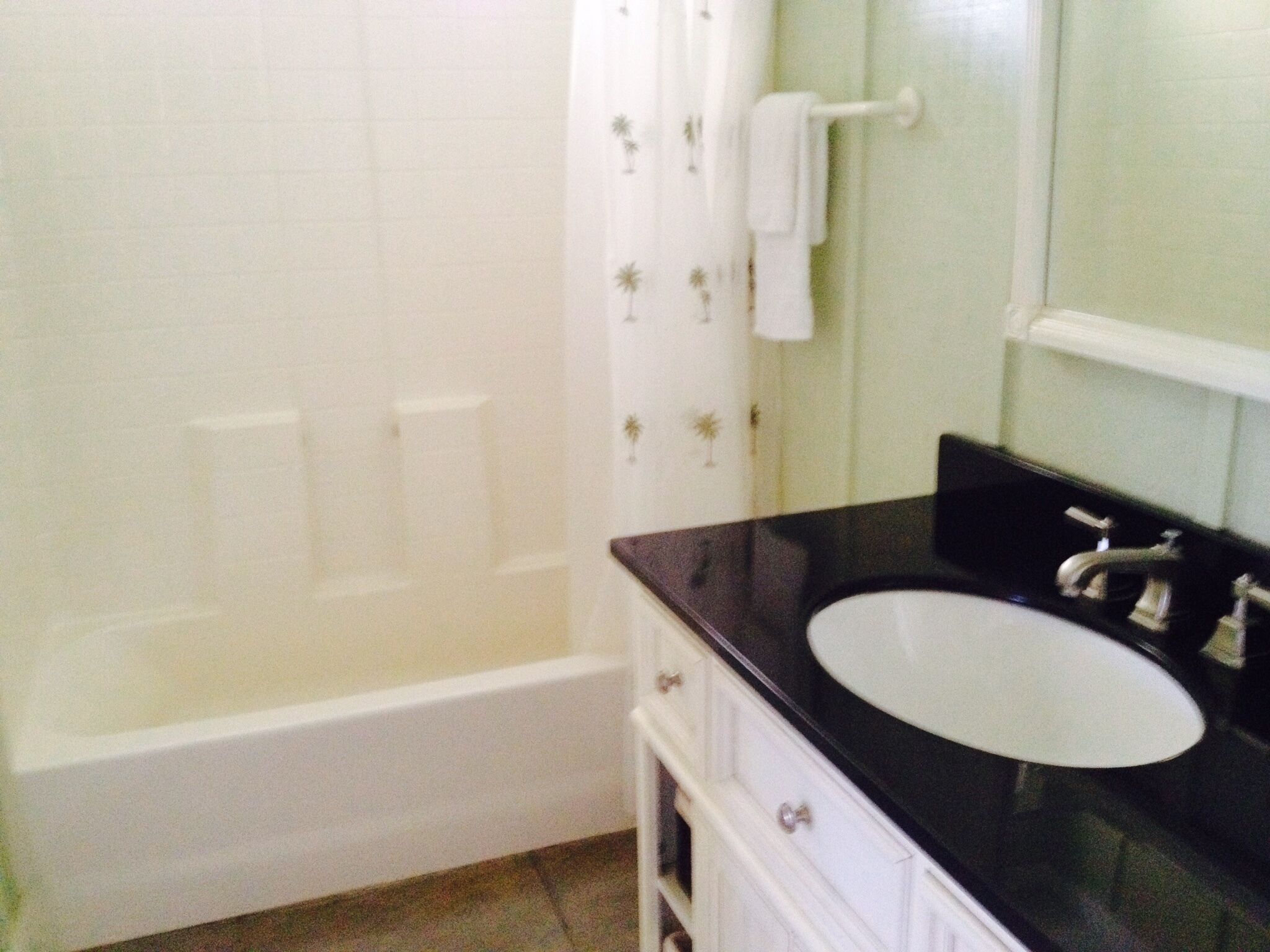 Combined shower/tub, hair dryer, towels, soap