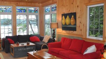 TV, lareira, livros, impressoras