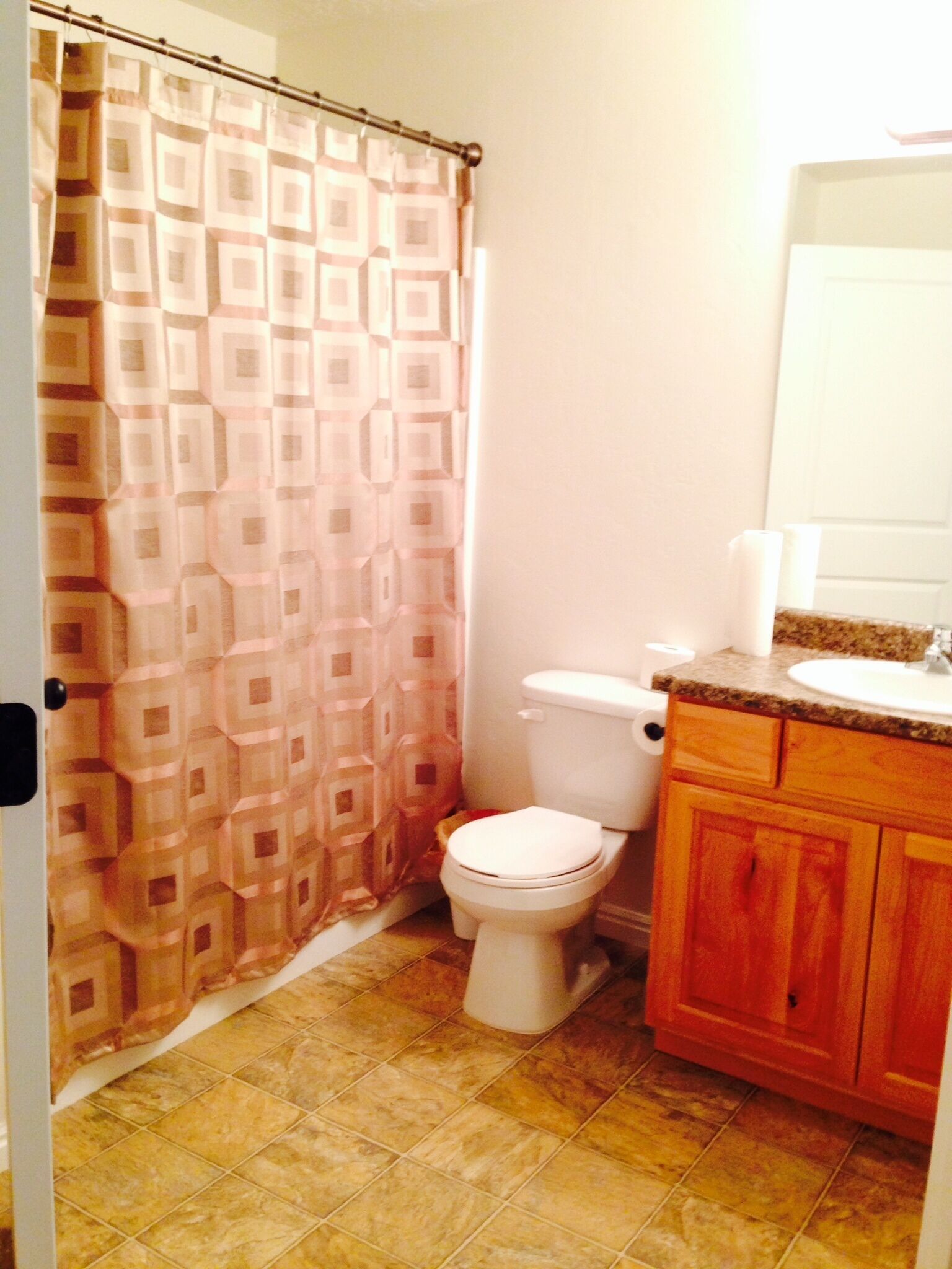 A bathroom with a patterned shower curtain, a toilet, a sink, and wooden cabinets.