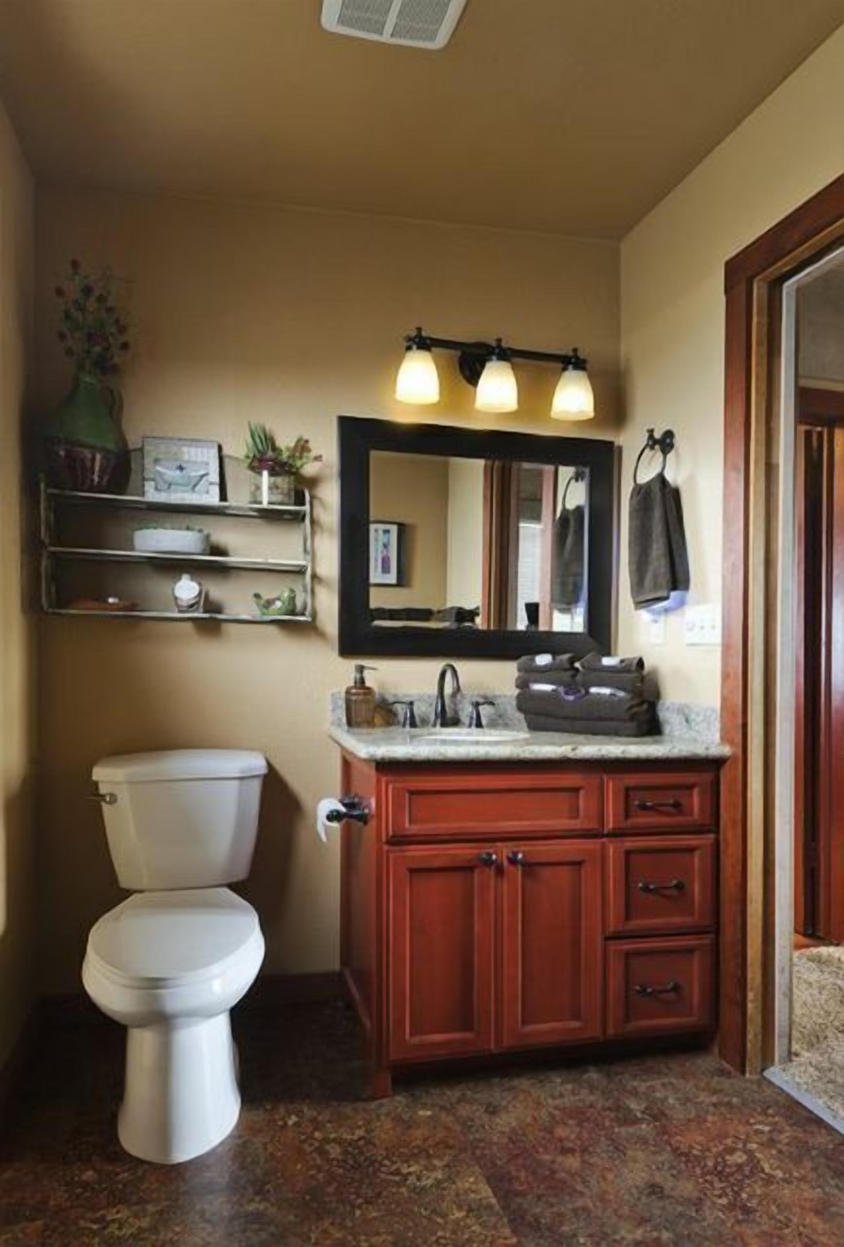 A bathroom with a toilet, a vanity with a mirror, and shelves above the toilet.