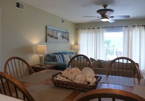 TV, DVD player, video library, stereo