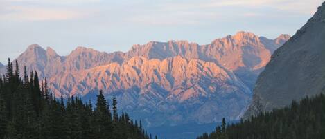 A mountainous landscape with dense forests in the foreground and a range of rugged peaks in the background.