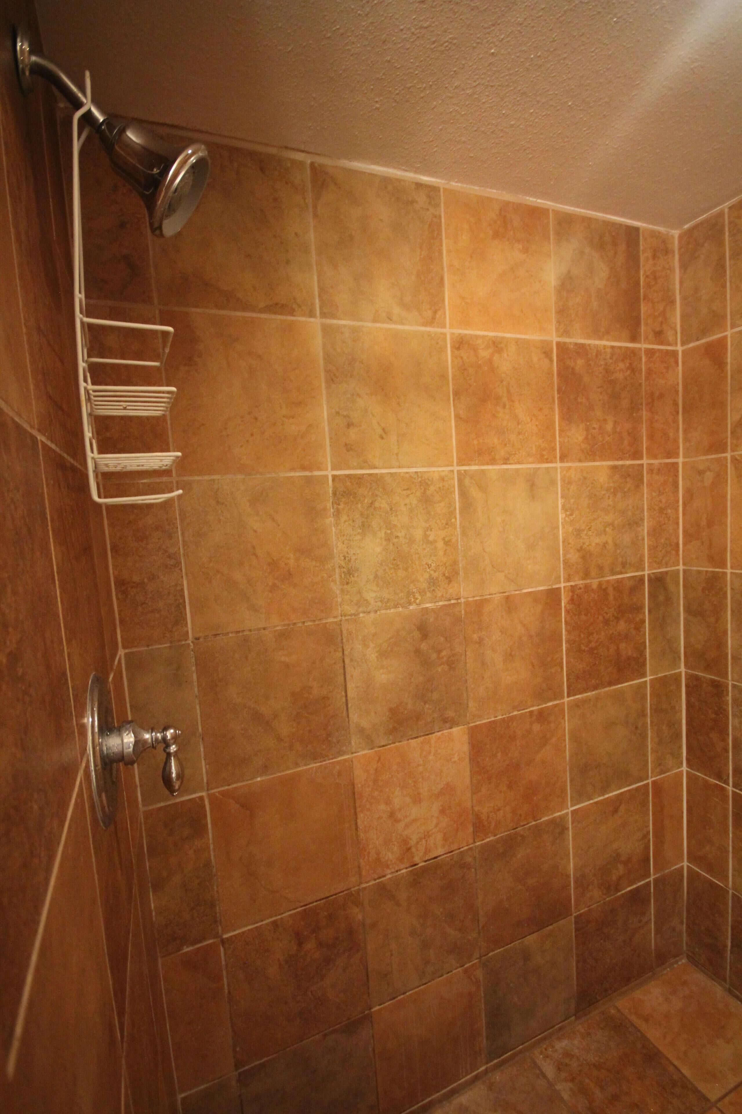 Combined shower/tub, hair dryer, towels, soap