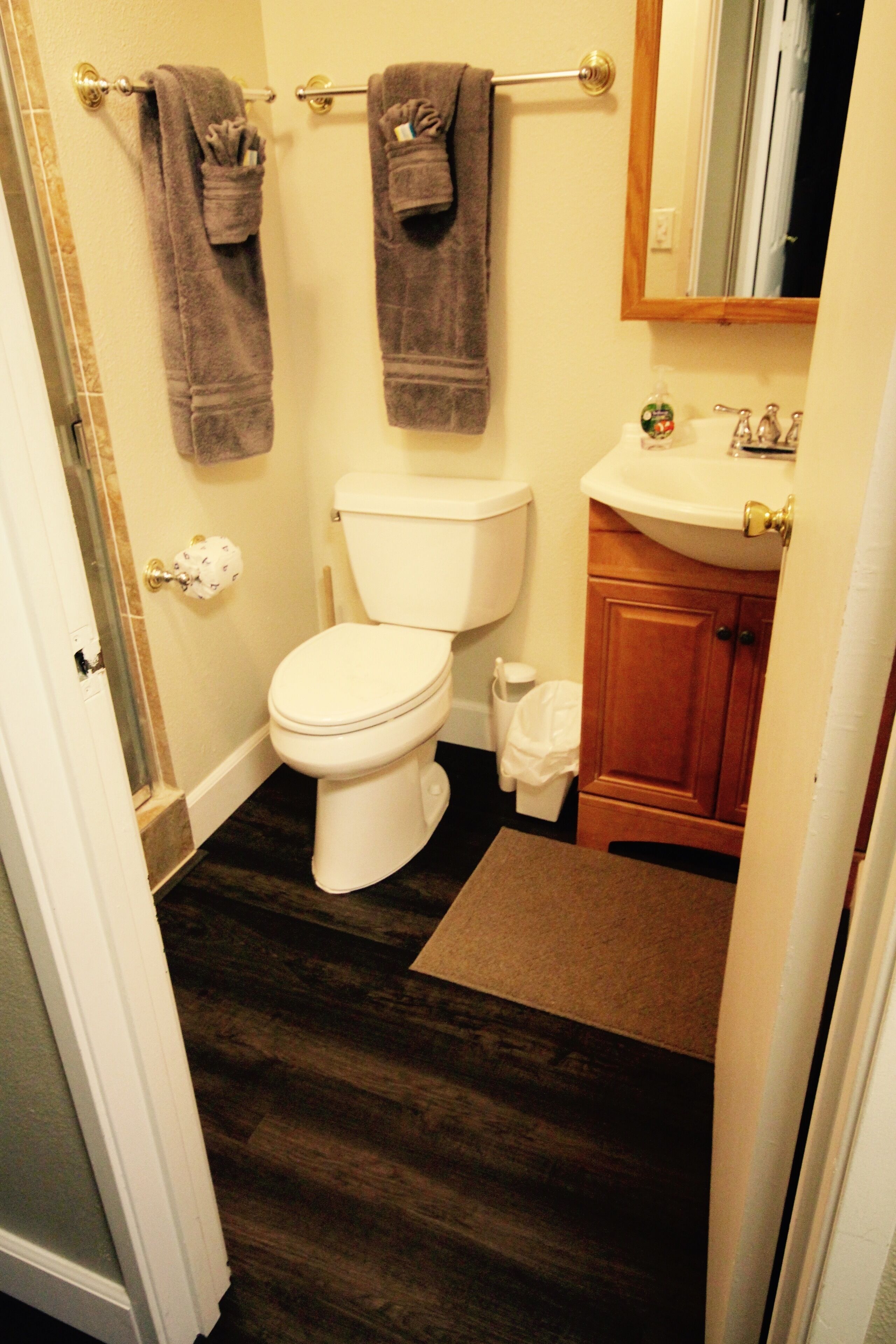 Combined shower/tub, hair dryer, towels, soap