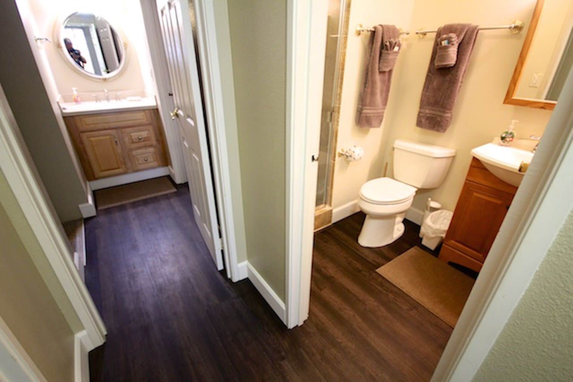 Combined shower/tub, hair dryer, towels, soap