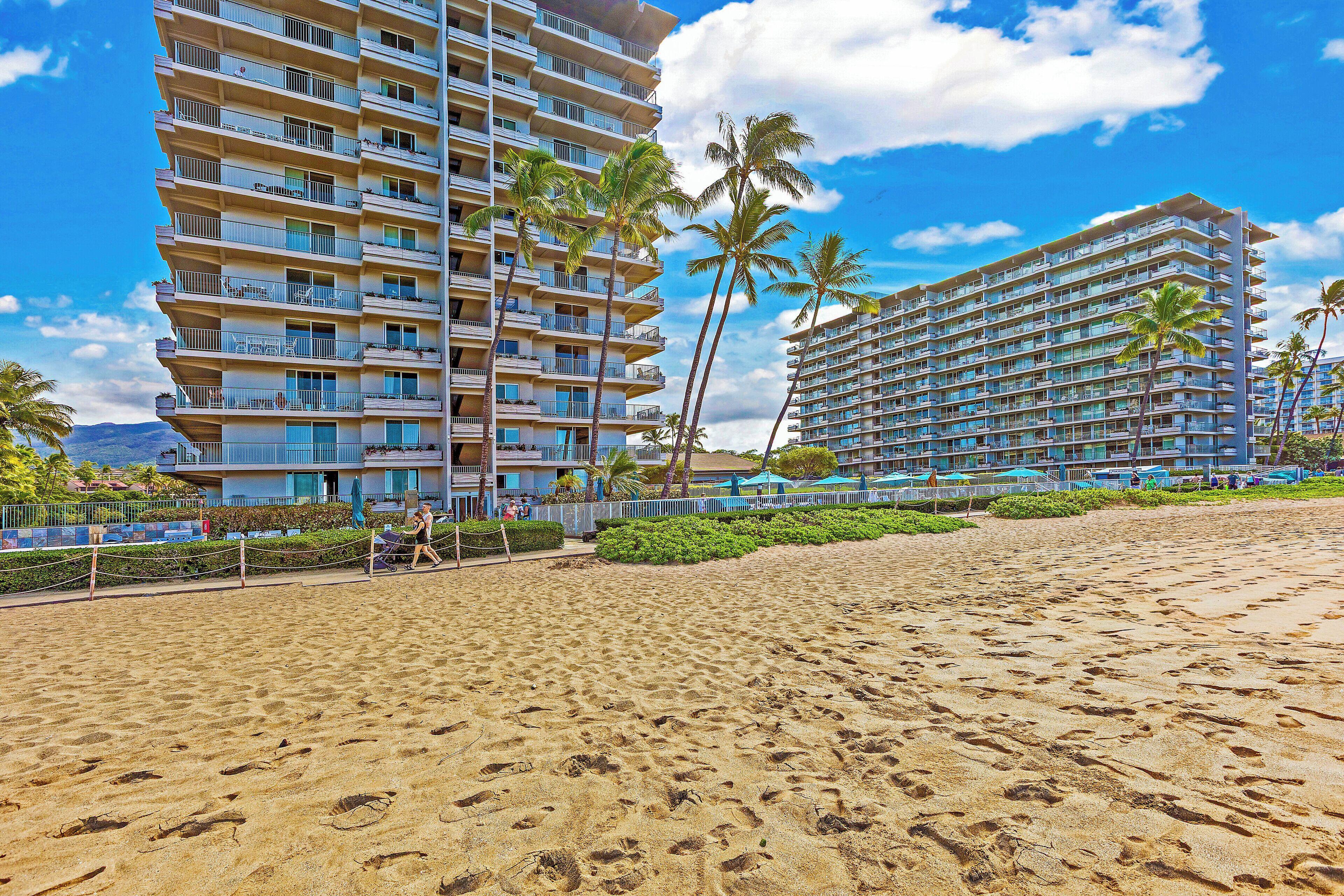 On the beach, sun loungers, beach towels