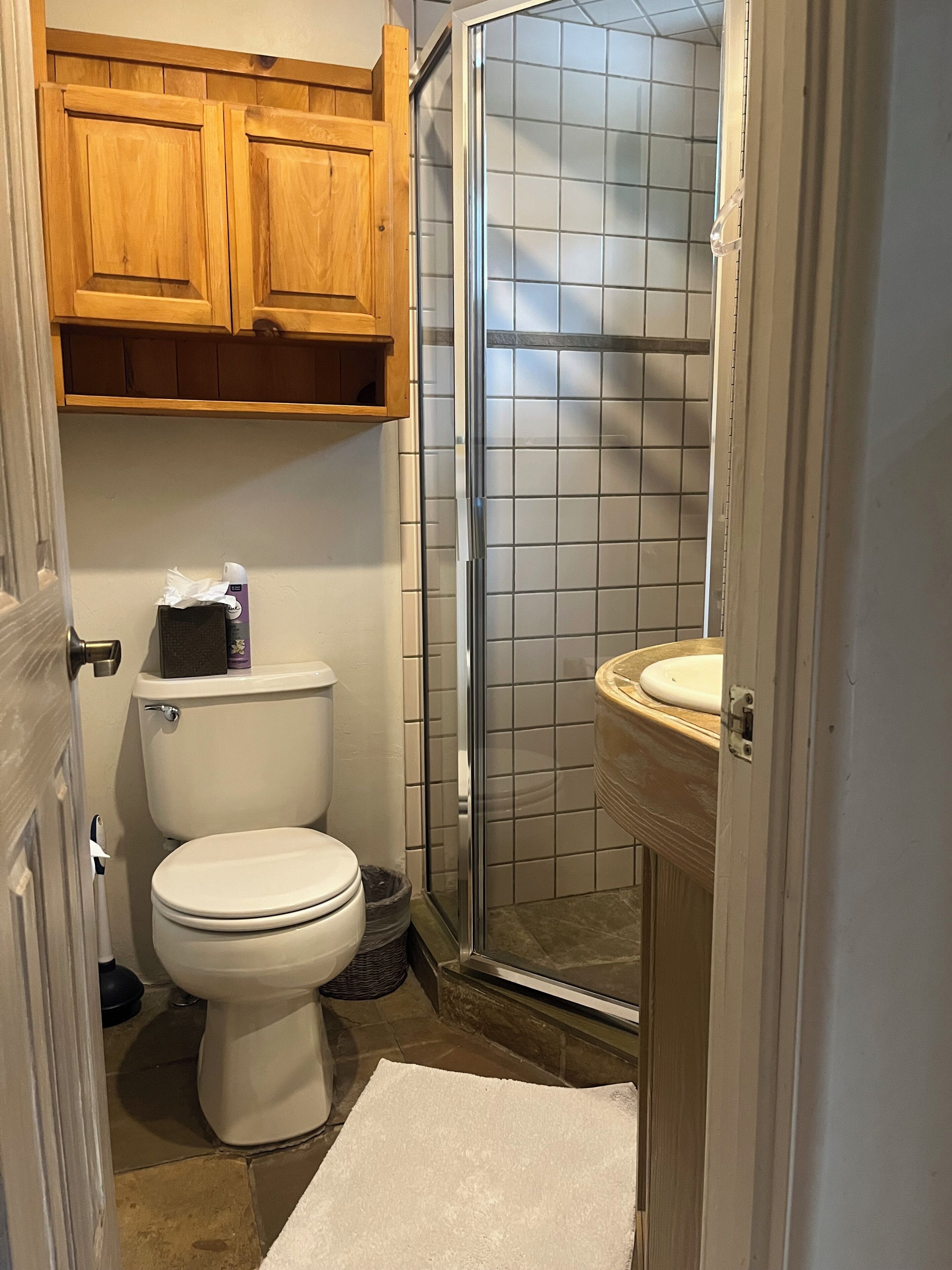 Kombinert dusj/badekar, hårføner, håndklær og såpe