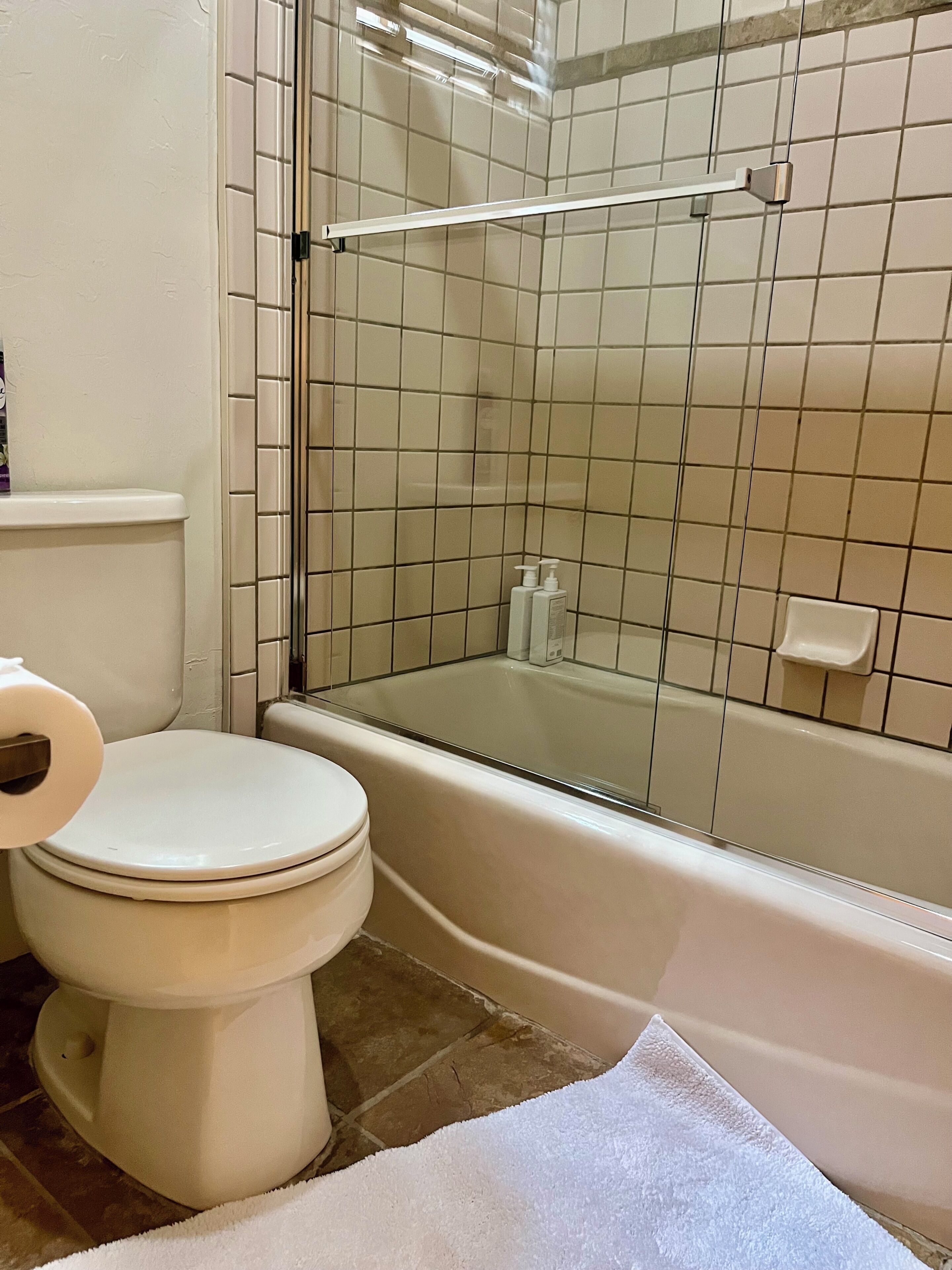 A bathroom with a toilet, a glass-enclosed shower, and a white bathtub.