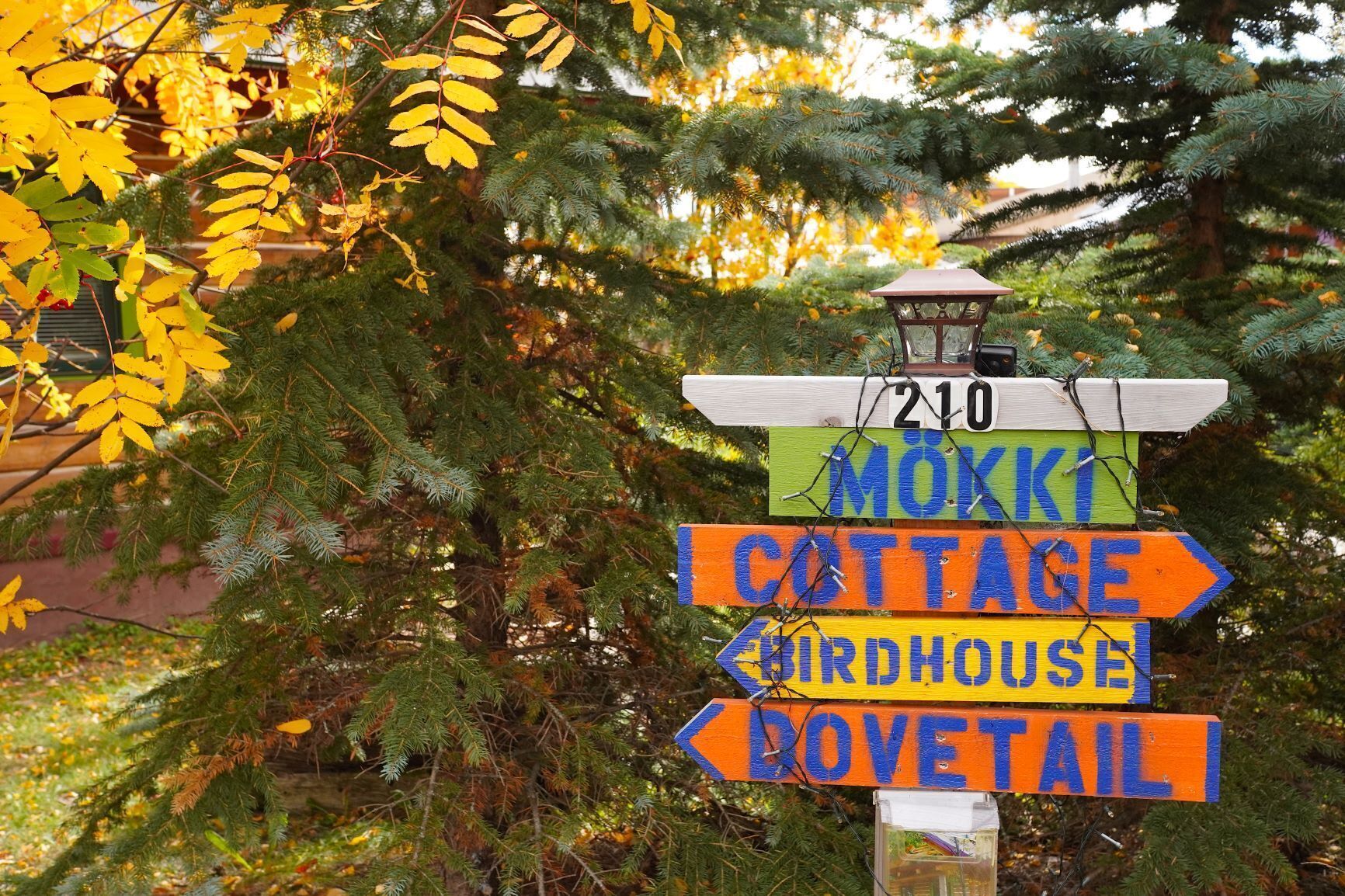 A directional signpost with multiple arrows pointing to various destinations such as Møkk Cottage, Birdhouse, and Rovetail.