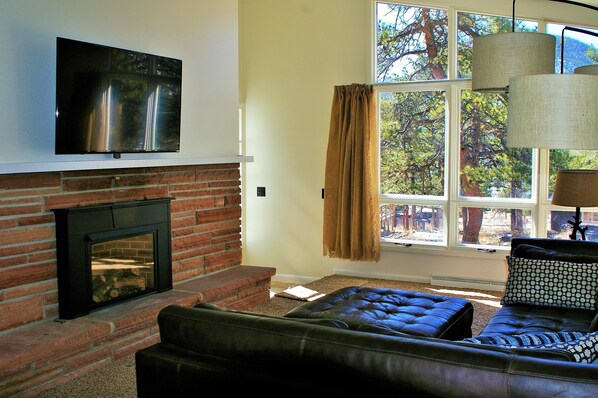 Smart TV, chimenea y estéreo 