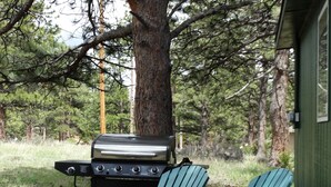 Un barbecue et deux chaises Adirondack sont installés sur une surface pavée de pierres, avec un arbre et un bâtiment en arrière-plan.