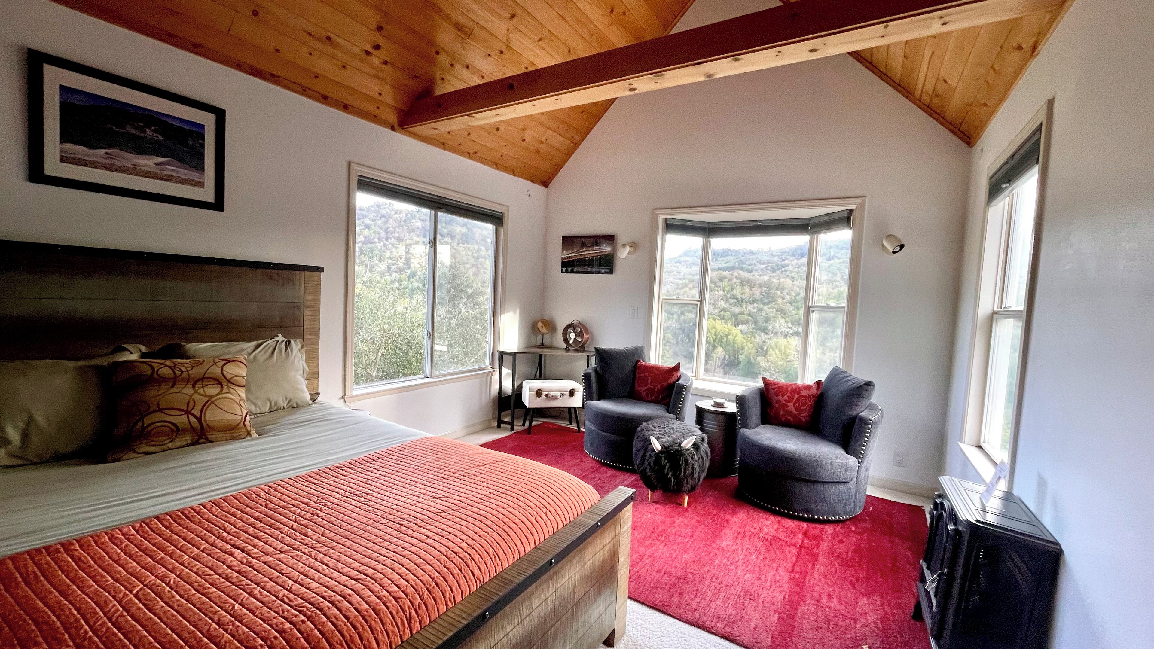 A bedroom with a bed, a desk, a chair, and a radiator.