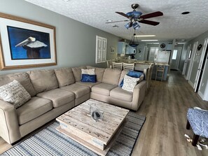 Smart TV, chimenea, libros y estéreo 