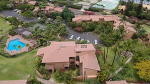 Uma área residencial com piscina, palmeiras e vista para o oceano.