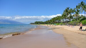 Uma praia com céu claro, palmeiras e pessoas aproveitando a água.