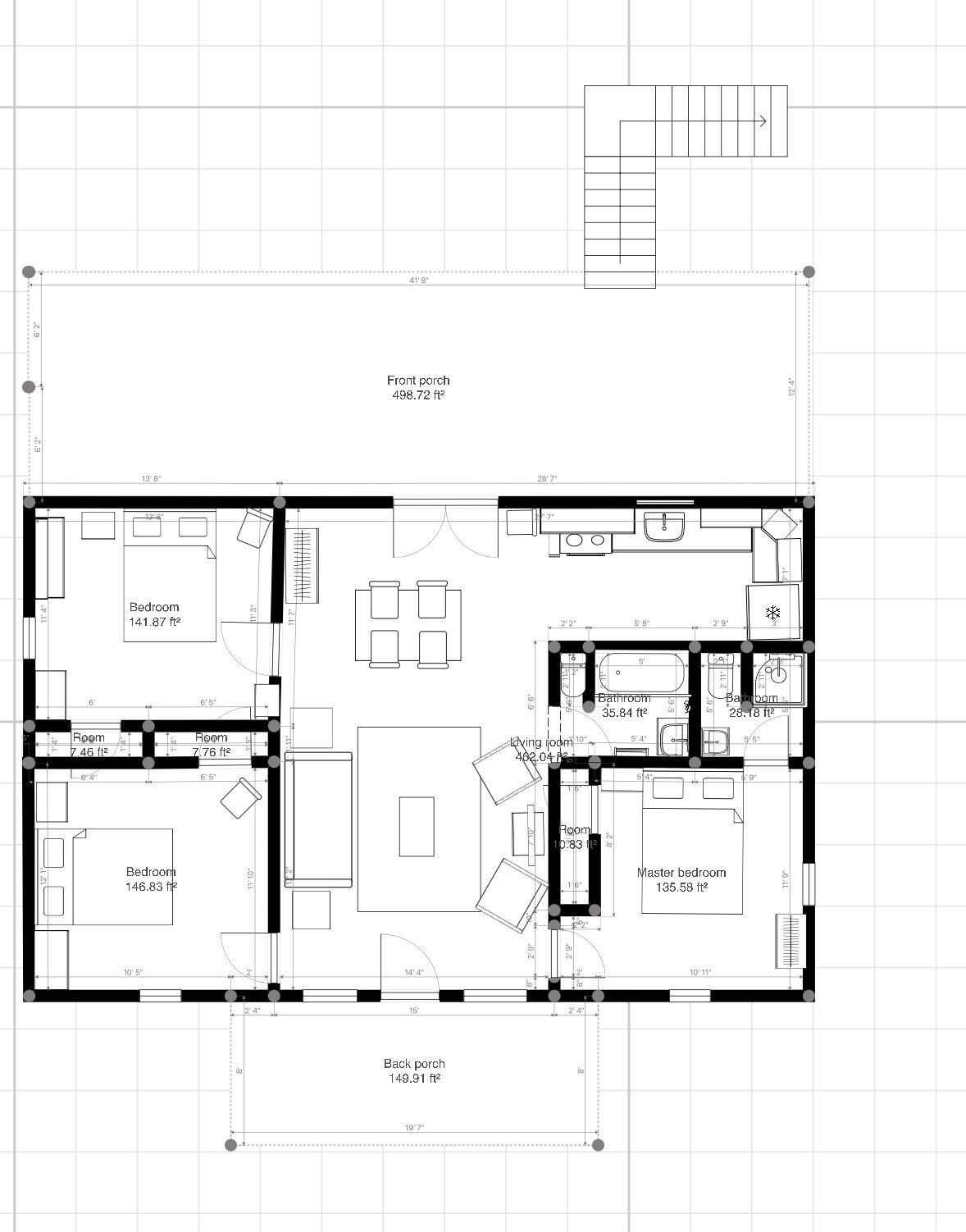 En planritning över ett hus med en veranda framtill (46,3 m²), två sovrum (13,2 m² och 13,6 m²), ett större sovrum (12,6 m²), ett badrum (3,3 m²) och en veranda baktill (13,9 m²).