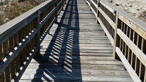 A wooden boardwalk leading to a beach with a pier in the background. - Save 10% Last min & Week! Gulf Front, Panoramic Views, Beach Supplies, Pool! (Orange Beach)