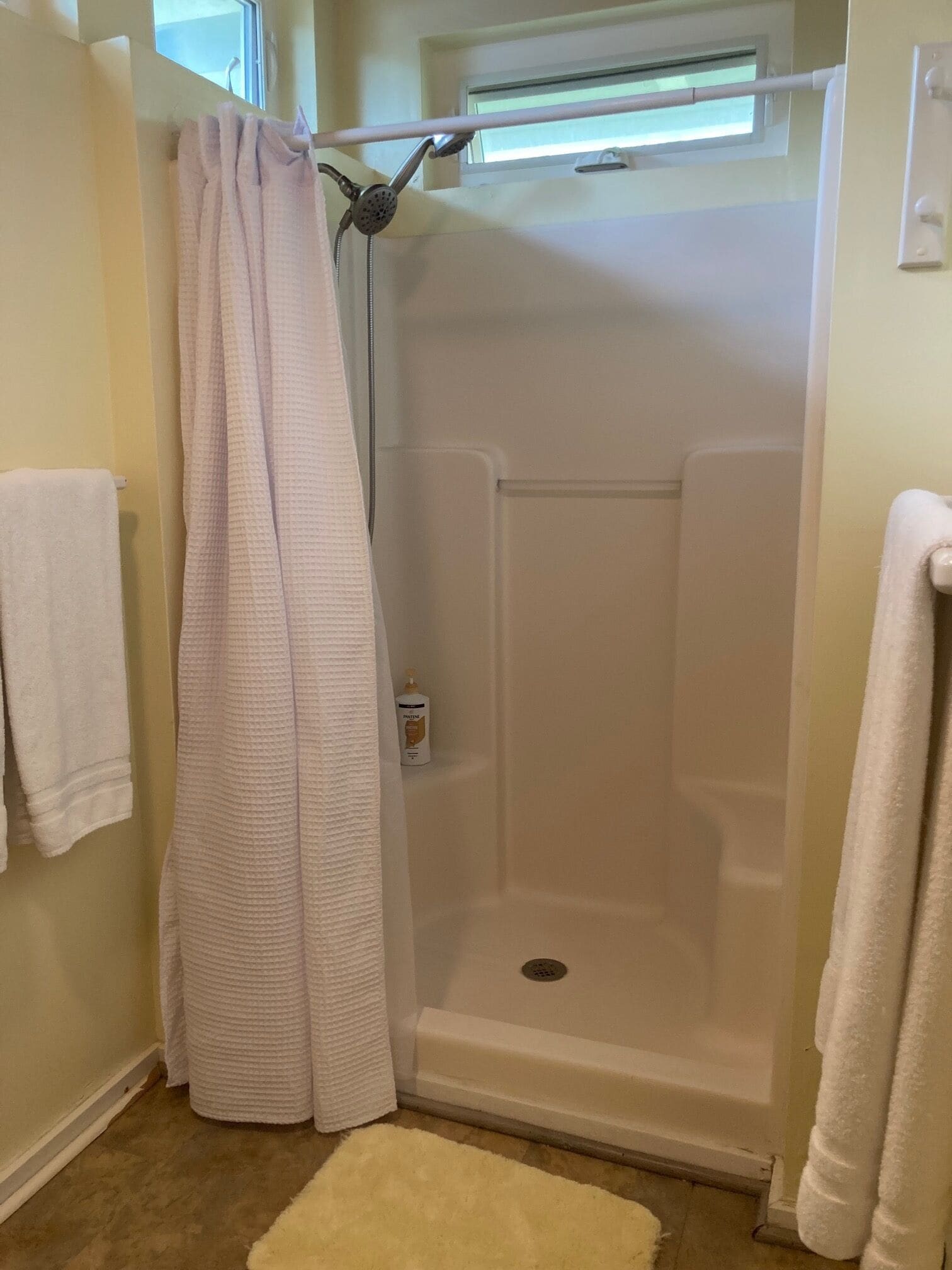 Hair dryer, towels, soap, shampoo