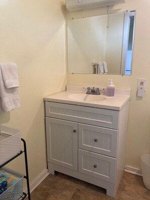 Hair dryer, towels, soap, shampoo