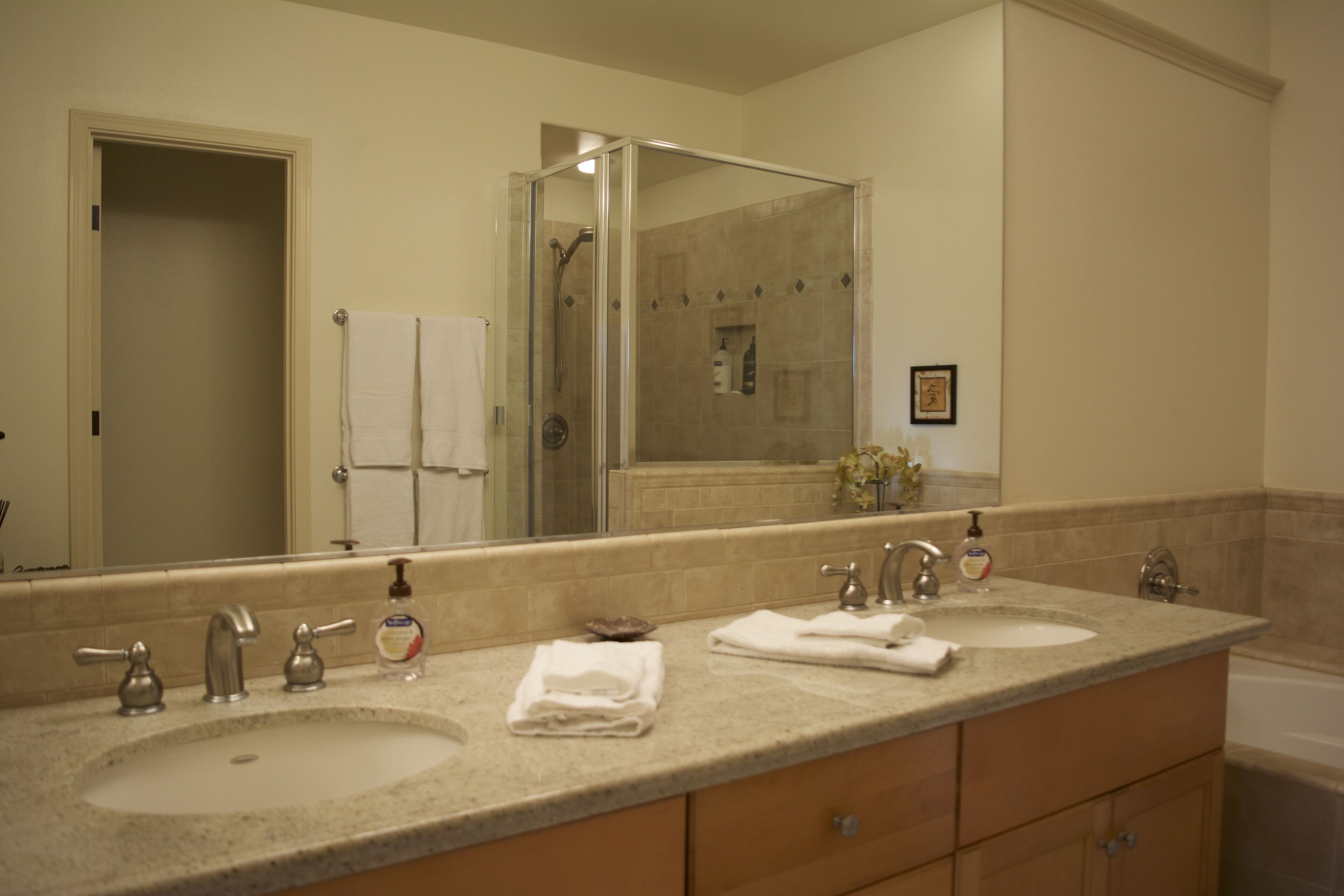 Combined shower/tub, hair dryer, towels, soap