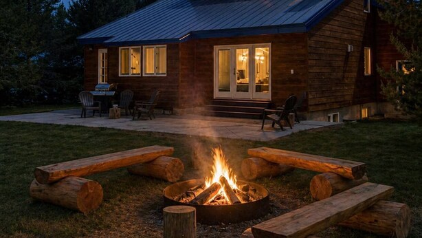 A cabin with a fire pit, wooden deck, and a stone chimney. - Park Place - 20 Miles to YNP ~ Hot Tub ~ Wi-Fi ~ Fire Pit (Island Park)