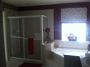 Shower, jetted tub, towels, toilet paper