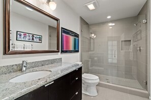 Hair dryer, towels, soap, shampoo