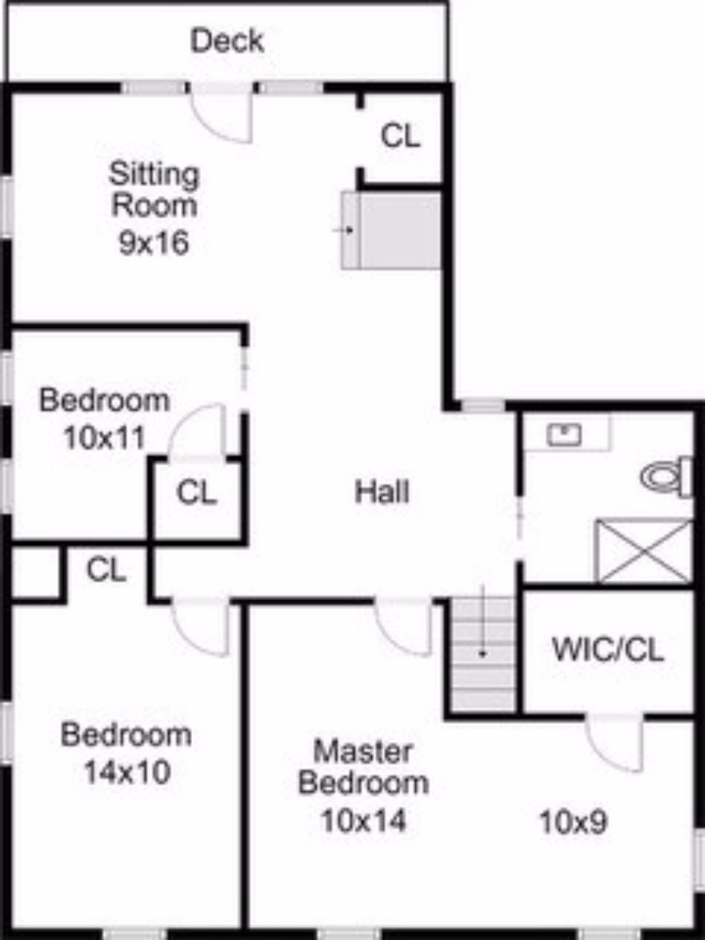 Plano de planta con sala de estar, dos dormitorios, un dormitorio principal, un pasillo y un aseo.