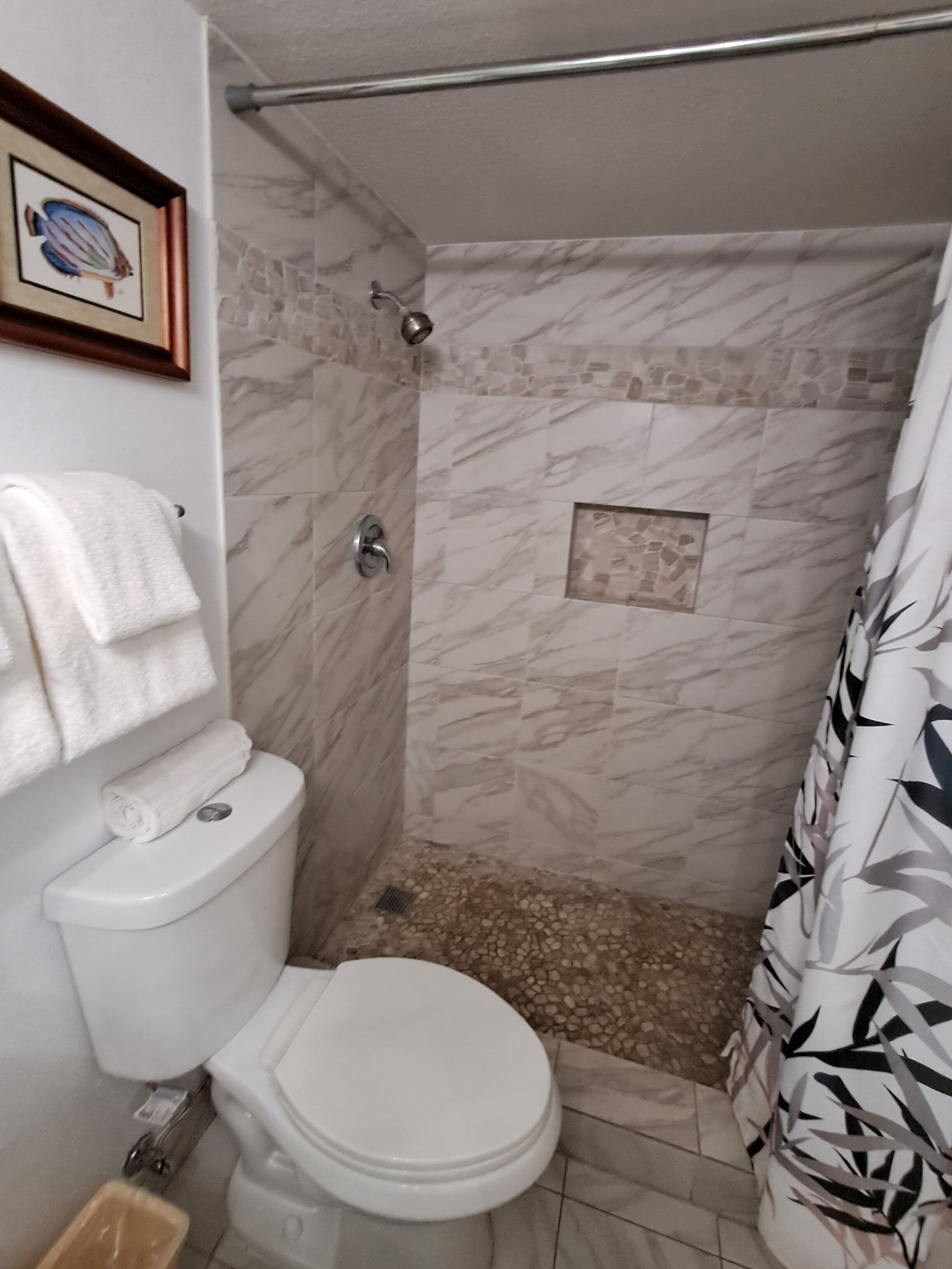 Hair dryer, towels, toilet paper