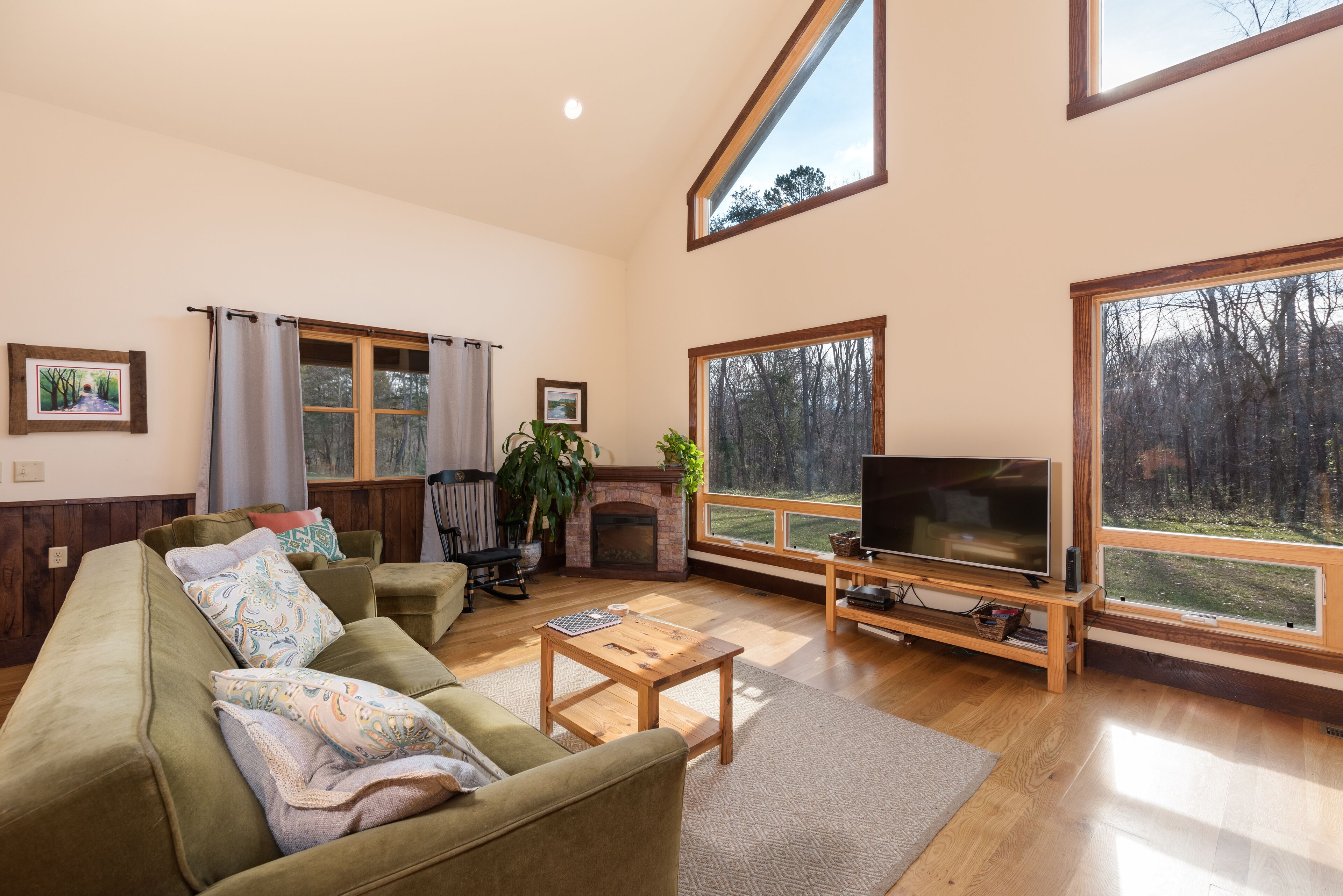 Älytelevisio, takka, DVD-soitin, videokirjasto