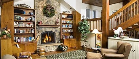 Smart TV, fireplace, DVD player, books