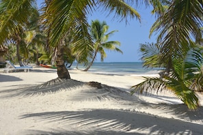 On the beach, sun loungers, beach towels