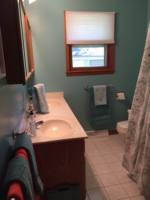 Bañera con ducha, secador de pelo, toallas, papel higiénico