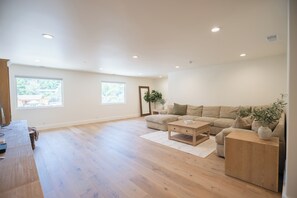 Smart TV, fireplace, video games, DVD player