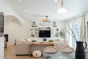 Smart TV, fireplace, video games, DVD player