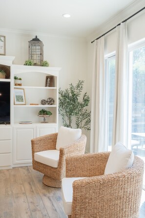 Smart TV, fireplace, video games, DVD player