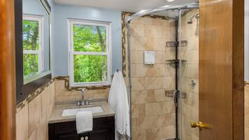 Hair dryer, towels, soap, toilet paper