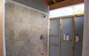 Combined shower/bathtub, hair dryer