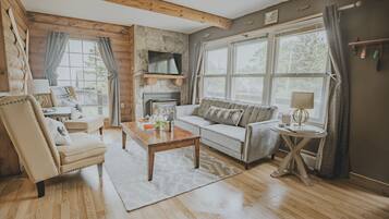 Smart TV, fireplace, DVD player, books