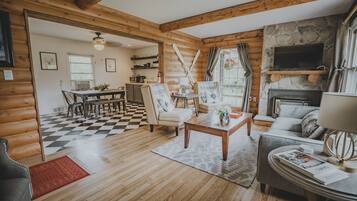 Smart TV, fireplace, DVD player, books