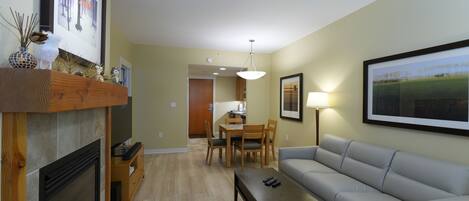 Smart TV, fireplace, video games, DVD player