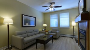 Smart TV, fireplace, video games, DVD player