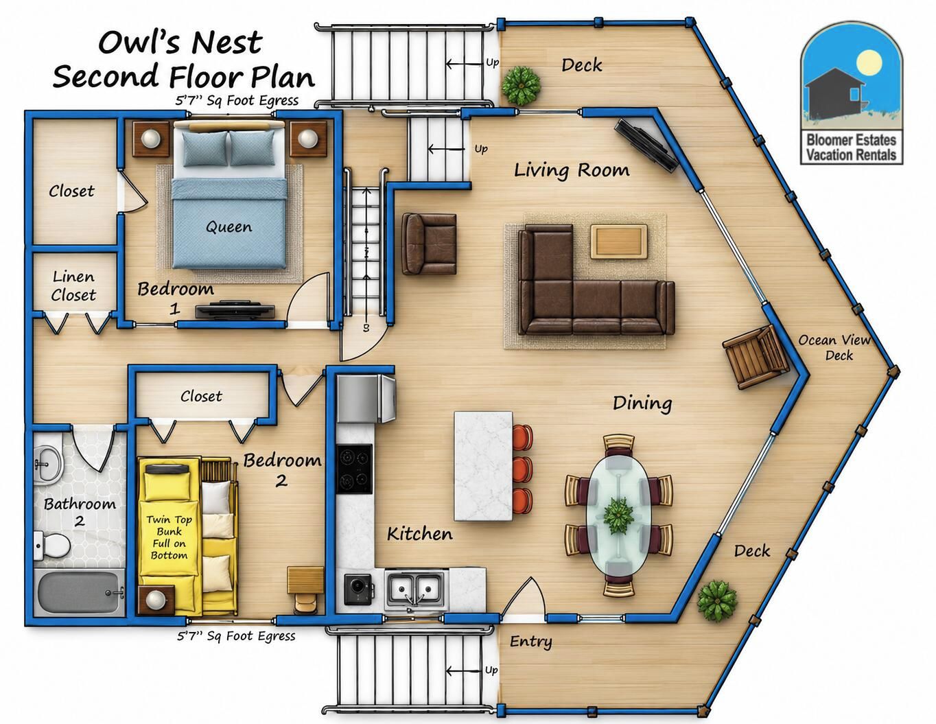 Planta do segundo andar do Owl's Nest com uma saída de 1,7 metros quadrados, incluindo um quarto de casal, dois banheiros, sala de estar, área de jantar, cozinha e deck.