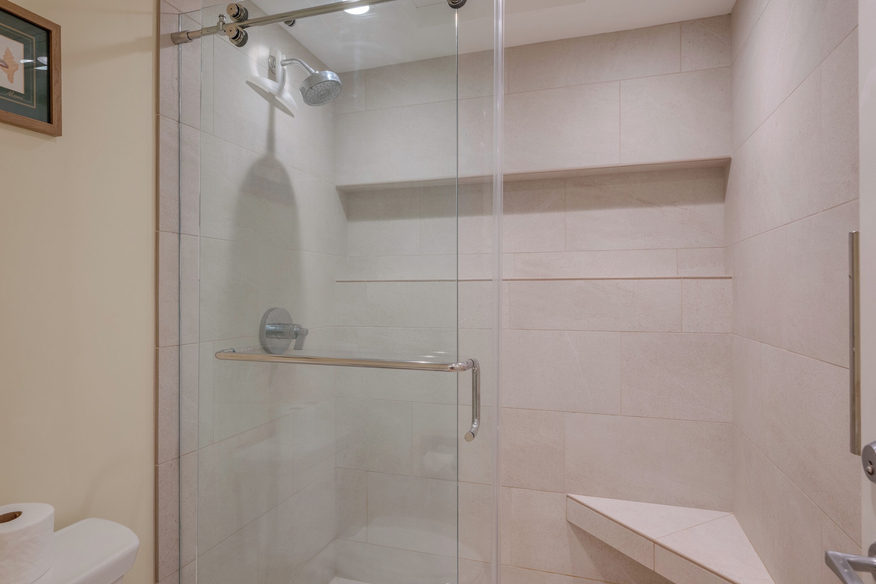 Combined shower/tub, hair dryer, towels, soap