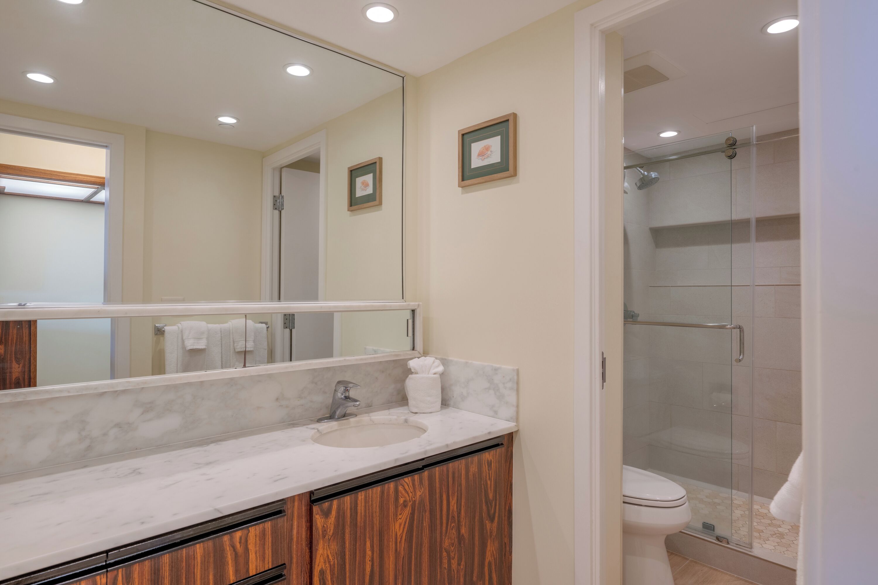 Combined shower/tub, hair dryer, towels, soap