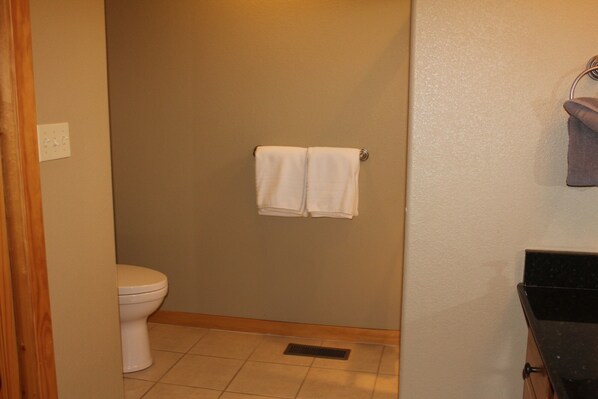A bathroom with a toilet, a towel rack with two towels, a shower area, and a sink.