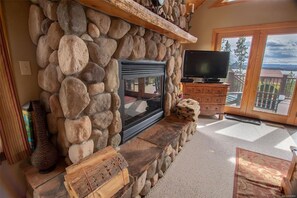 Una Smart TV, una chimenea, un reproductor de DVD, libros